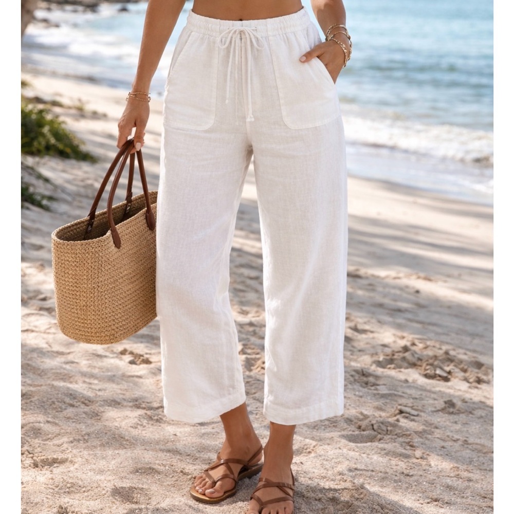 Liz Claiborne Audra White 100% Linen Pants Relaxed Fit Size 8